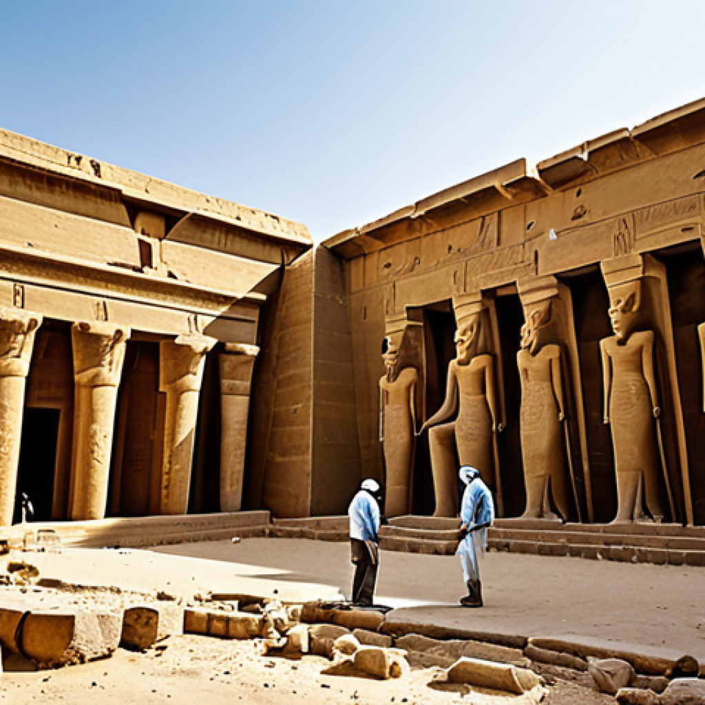 Archaeological Conservation Efforts**
"A team of archaeologists meticulously restoring an ancient Egyptian temple wall, fully clothed in appropriate attire, using modern tools and techniques, safe for work, perfect anatomy, natural proportions, professional photography, focus on detail, modest clothing, appropriate content. Background: The temple complex in Luxor, Egypt, bathed in warm sunlight."
**