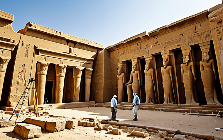 Archaeological Conservation Efforts**
"A team of archaeologists meticulously restoring an ancient Egyptian temple wall, fully clothed in appropriate attire, using modern tools and techniques, safe for work, perfect anatomy, natural proportions, professional photography, focus on detail, modest clothing, appropriate content. Background: The temple complex in Luxor, Egypt, bathed in warm sunlight."
**
