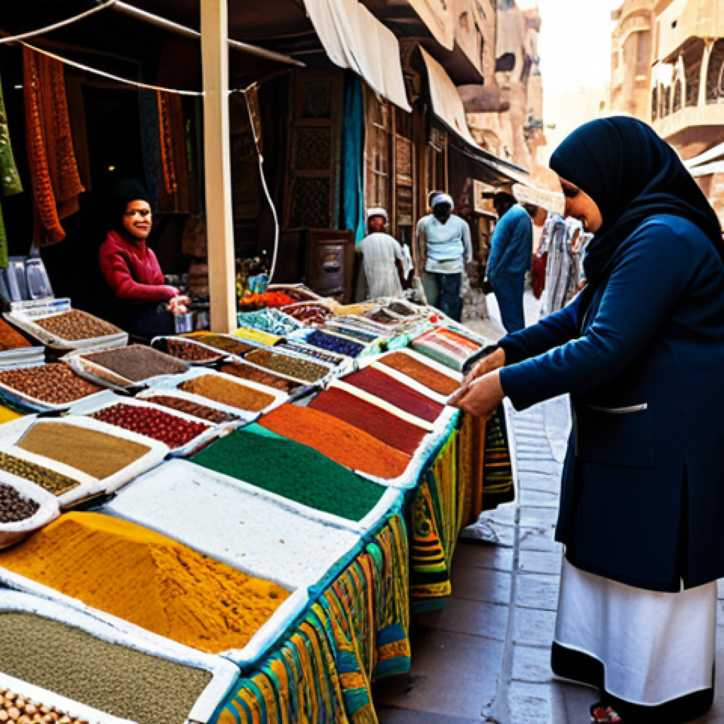 A bustling Egyptian marketplace with a modern woman haggling with a friendly vendor.**
"A fully clothed, professional female traveler in modest, light clothing bargains for souvenirs in a vibrant Egyptian bazaar. The marketplace is filled with colorful textiles, spices, and pottery. Safe for work, appropriate content, perfect anatomy, natural proportions, professional photography, family-friendly."
**