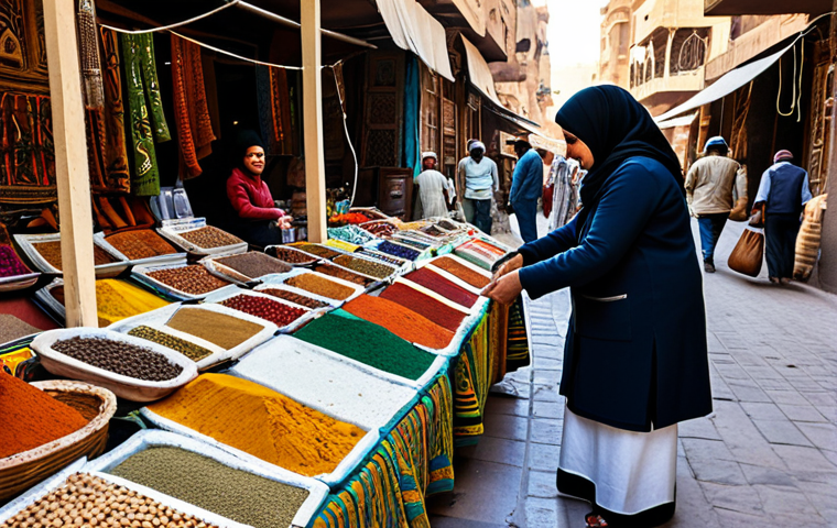 A bustling Egyptian marketplace with a modern woman haggling with a friendly vendor.**
"A fully clothed, professional female traveler in modest, light clothing bargains for souvenirs in a vibrant Egyptian bazaar. The marketplace is filled with colorful textiles, spices, and pottery. Safe for work, appropriate content, perfect anatomy, natural proportions, professional photography, family-friendly."
**