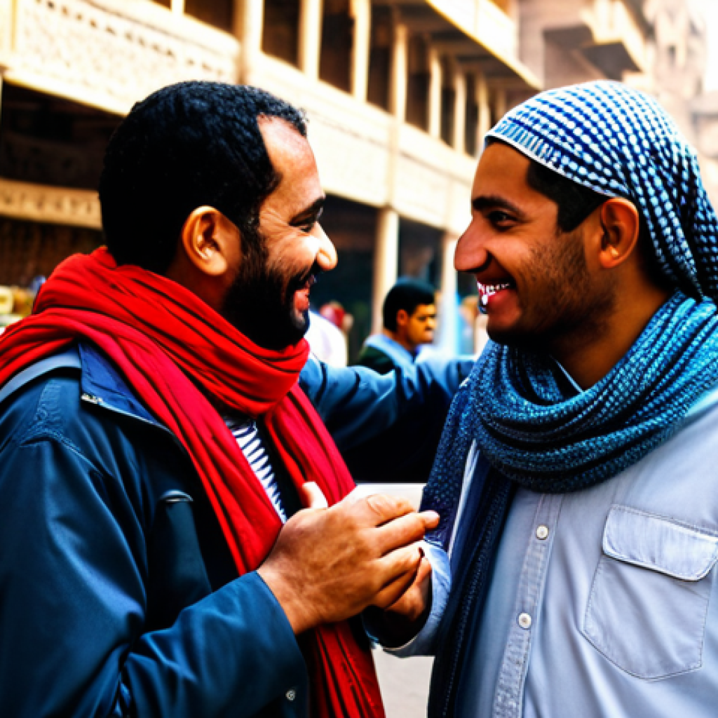 이집트 아랍어 기본 회화 표현 - **Prompt:** A friendly tourist in Cairo, fully clothed in modest travel attire, asking a local vendo...