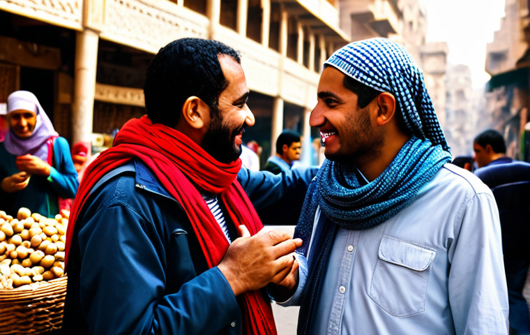 이집트 아랍어 기본 회화 표현 - **Prompt:** A friendly tourist in Cairo, fully clothed in modest travel attire, asking a local vendo...