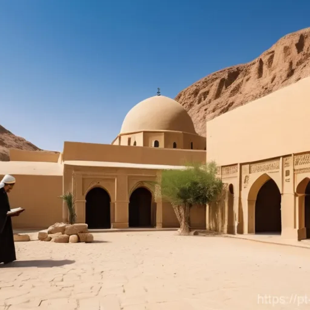 이집트 기독교인의 생활 방식 - A serene and ancient Coptic Orthodox monastery nestled deep within the golden Egyptian desert. The a...