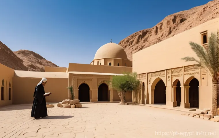 이집트 기독교인의 생활 방식 - A serene and ancient Coptic Orthodox monastery nestled deep within the golden Egyptian desert. The a...