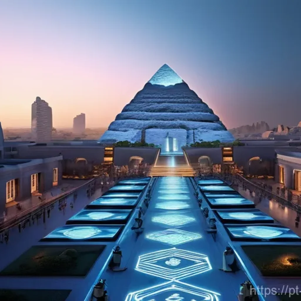 이집트의 최신 기술 트렌드 - **"Ancient Legacy, Digital Horizon"**: A panoramic view of a futuristic Egyptian city at dusk, seaml...