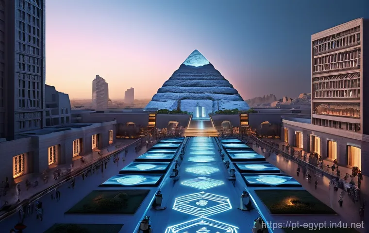 이집트의 최신 기술 트렌드 - **"Ancient Legacy, Digital Horizon"**: A panoramic view of a futuristic Egyptian city at dusk, seaml...