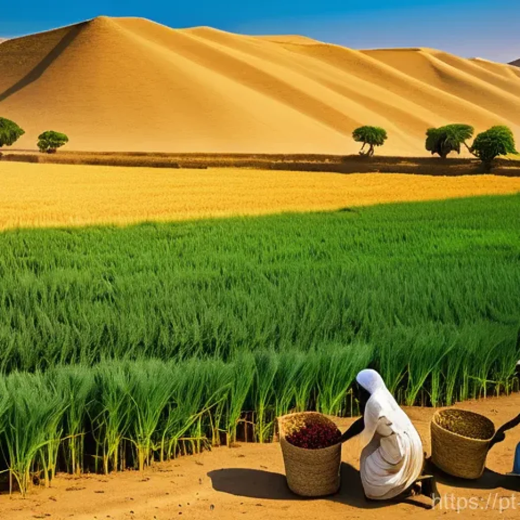 나일강 범람과 이집트 문명의 발전 - **Prompt:** A vibrant scene depicting the annual harvest in Ancient Egypt. Farmers, modestly dressed...