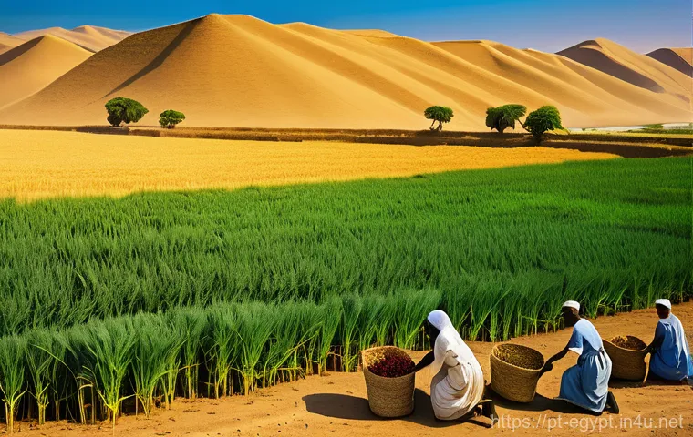 나일강 범람과 이집트 문명의 발전 - **Prompt:** A vibrant scene depicting the annual harvest in Ancient Egypt. Farmers, modestly dressed...