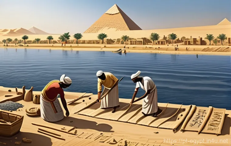 나일강 범람과 이집트 문명의 발전 - **Prompt:** A vibrant scene depicting the annual harvest in Ancient Egypt. Farmers, modestly dressed...