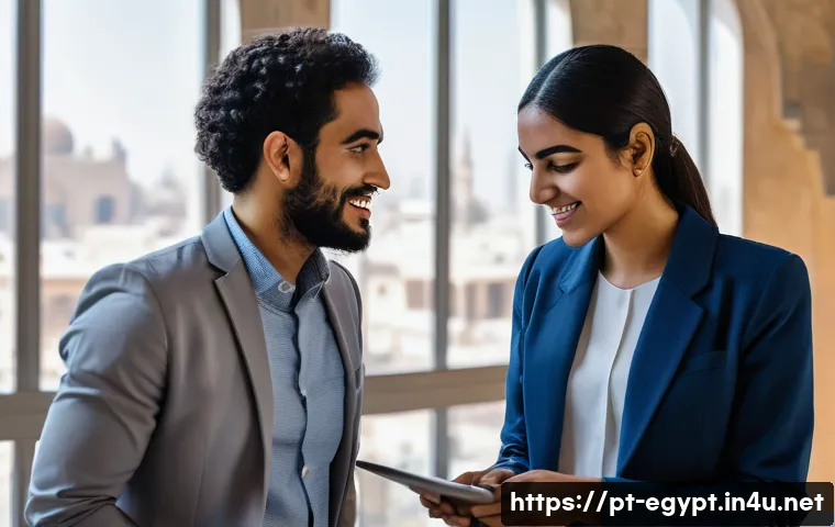 이집트 노동 시장과 주요 직업 - **Prompt:** A diverse group of young Egyptian professionals, both male and female, are actively coll...