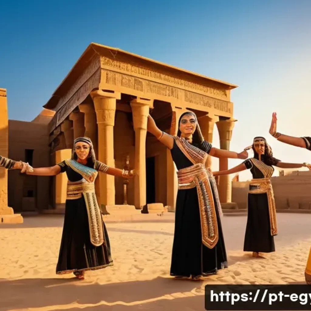 이집트의 전통 무용과 현대 무용 비교 - A vibrant scene of traditional Egyptian dance performance in a historic outdoor setting at sunset, f...