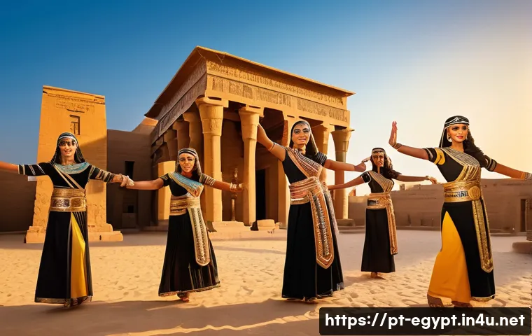 이집트의 전통 무용과 현대 무용 비교 - A vibrant scene of traditional Egyptian dance performance in a historic outdoor setting at sunset, f...