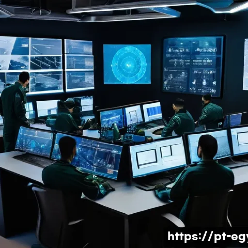 이집트의 무기 산업과 국방력 - A high-tech Egyptian military research and development center interior, featuring engineers and tech...