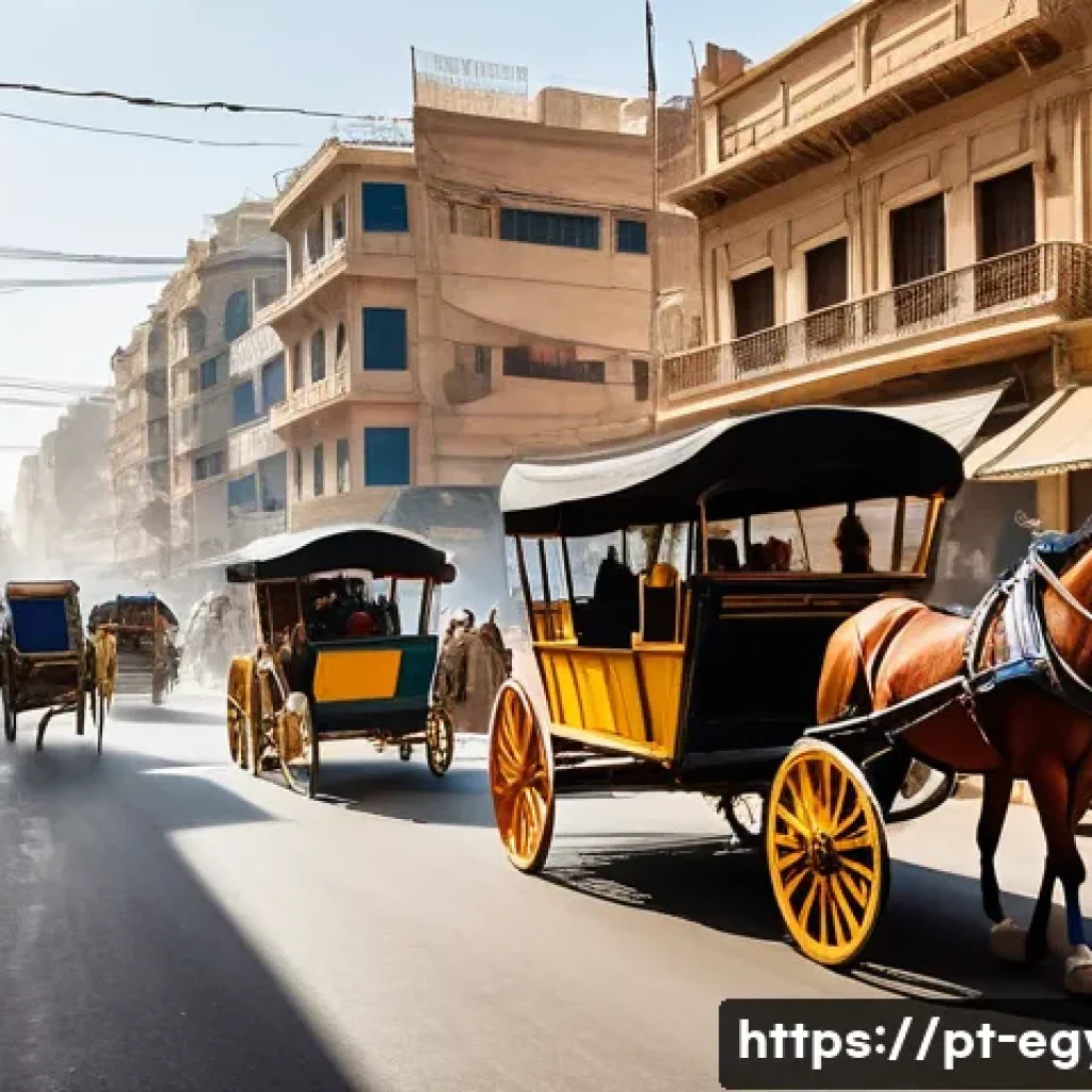 이집트의 교통문화와 도로 상황 - A bustling Egyptian city street scene during daytime, showcasing a chaotic yet rhythmic traffic flow...
