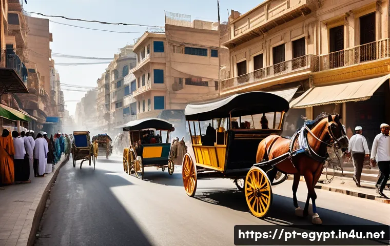 이집트의 교통문화와 도로 상황 - A bustling Egyptian city street scene during daytime, showcasing a chaotic yet rhythmic traffic flow...