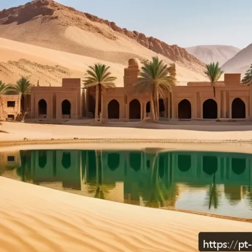 이집트 소도시 여행 추천 - A serene desert oasis in Egypt during golden hour, featuring crystal-clear water pools surrounded by...