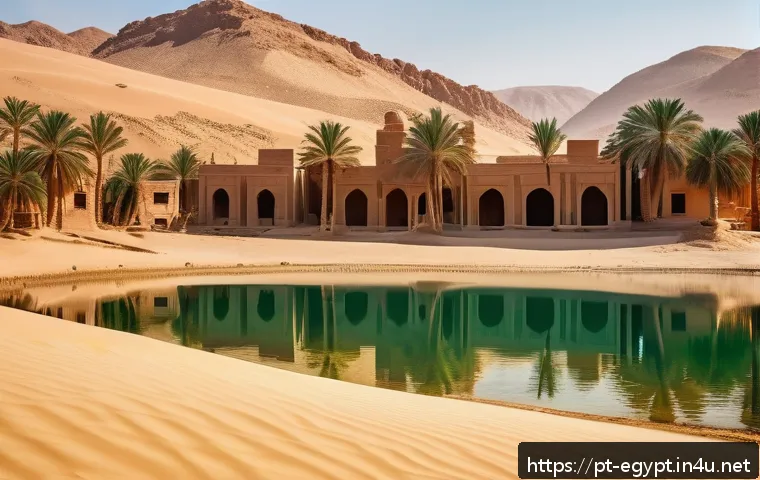 이집트 소도시 여행 추천 - A serene desert oasis in Egypt during golden hour, featuring crystal-clear water pools surrounded by...