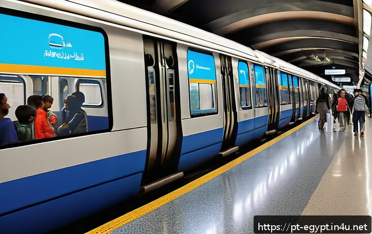 카이로 지하철 이용법 - A vibrant and detailed interior scene of Cairo Metro Line 2 (blue line) during off-peak hours, showc...