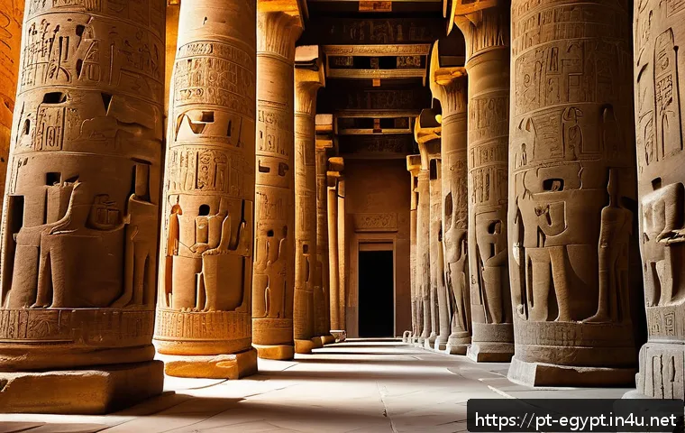 룩소르 신전 탐방기 - A majestic view of the Temple of Luxor's grand columns arranged in symmetrical rows, each column int...