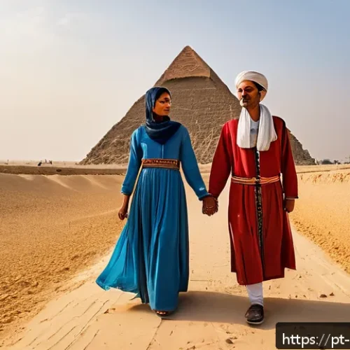 이집트에서 금지된 행동과 법률 - A respectful scene of a modestly dressed foreign couple walking near the Pyramids of Giza at sunset,...