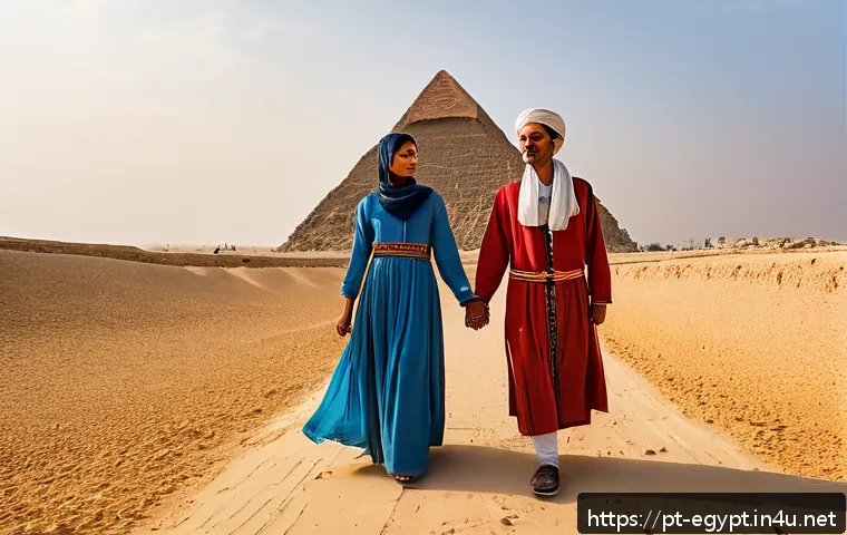 이집트에서 금지된 행동과 법률 - A respectful scene of a modestly dressed foreign couple walking near the Pyramids of Giza at sunset,...