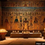 이집트에서 발견된 미스터리한 고대 유물 - An ancient Egyptian ritual scene set inside a dimly lit temple chamber, featuring robed priests wear...