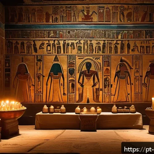 이집트에서 발견된 미스터리한 고대 유물 - An ancient Egyptian ritual scene set inside a dimly lit temple chamber, featuring robed priests wear...