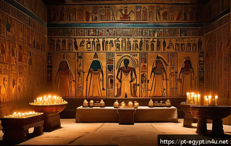 이집트에서 발견된 미스터리한 고대 유물 - An ancient Egyptian ritual scene set inside a dimly lit temple chamber, featuring robed priests wear...